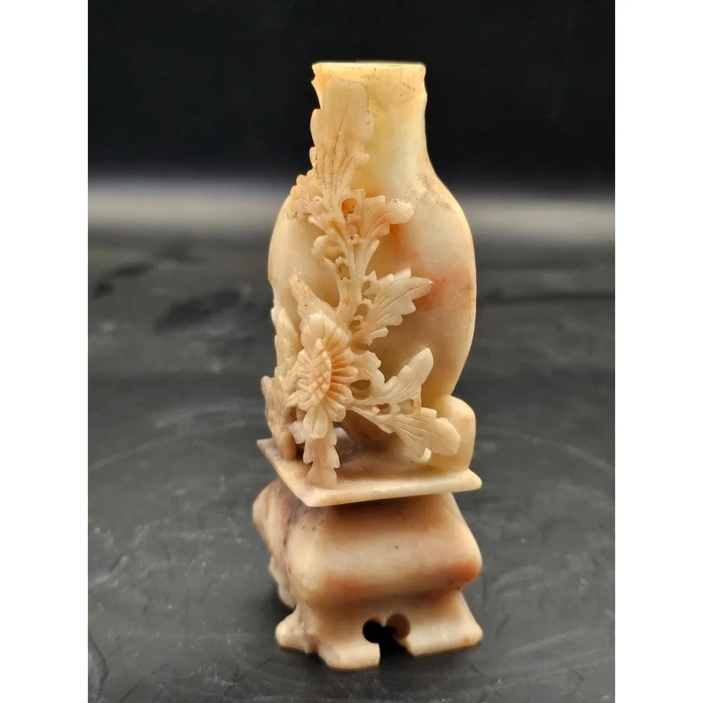 Vintage‎ Chinese Soapstone Small Vase Hand Carved White Floral 4.5in SIGNED